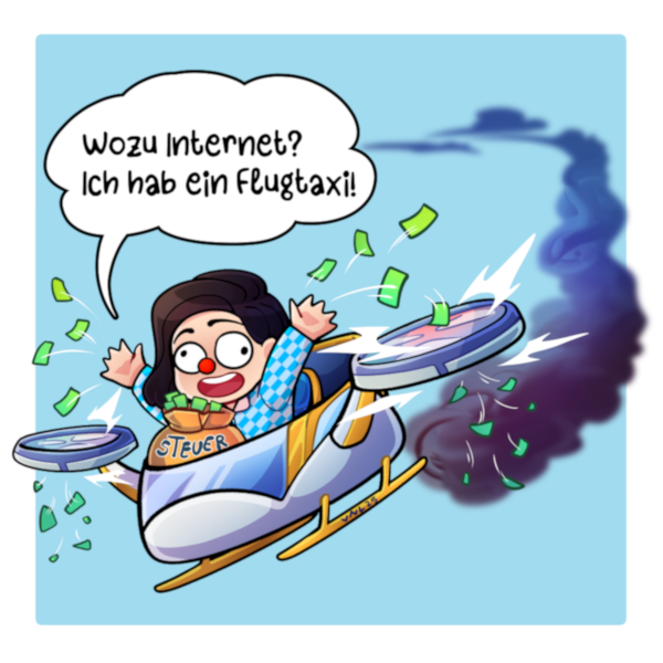 Dorothee Gisela Renate Maria „Doro“ Bär wie sie in einem Flugtaxi sitzt und ruft: Wozu Internet? Ich hab ein Flugtaxi!