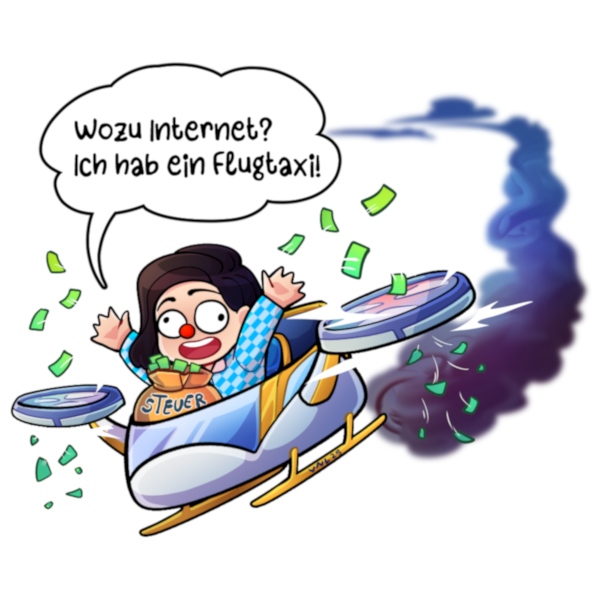 Dorothee Gisela Renate Maria „Doro“ Bär wie sie in einem Flugtaxi sitzt und ruft: Wozu Internet? Ich hab ein Flugtaxi!